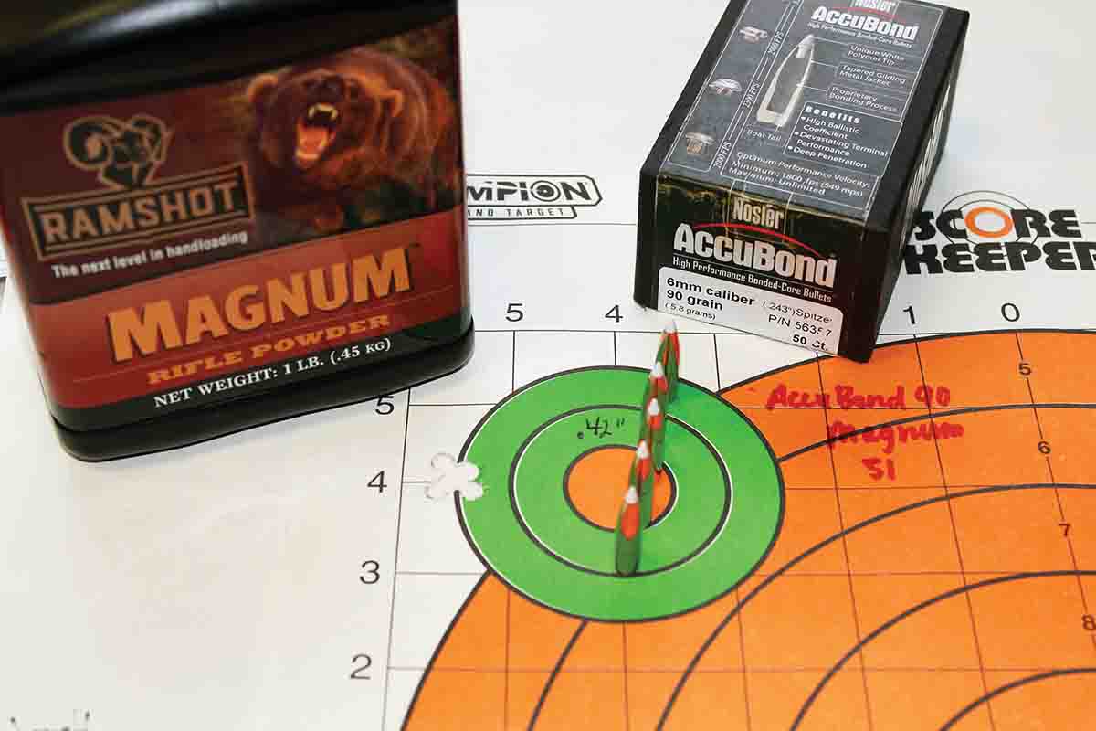 Nosler’s 90-grain AccuBond seated over 51 grains of Western Powders’ Magnum produced this .42-inch, five-shot 100-yard group.